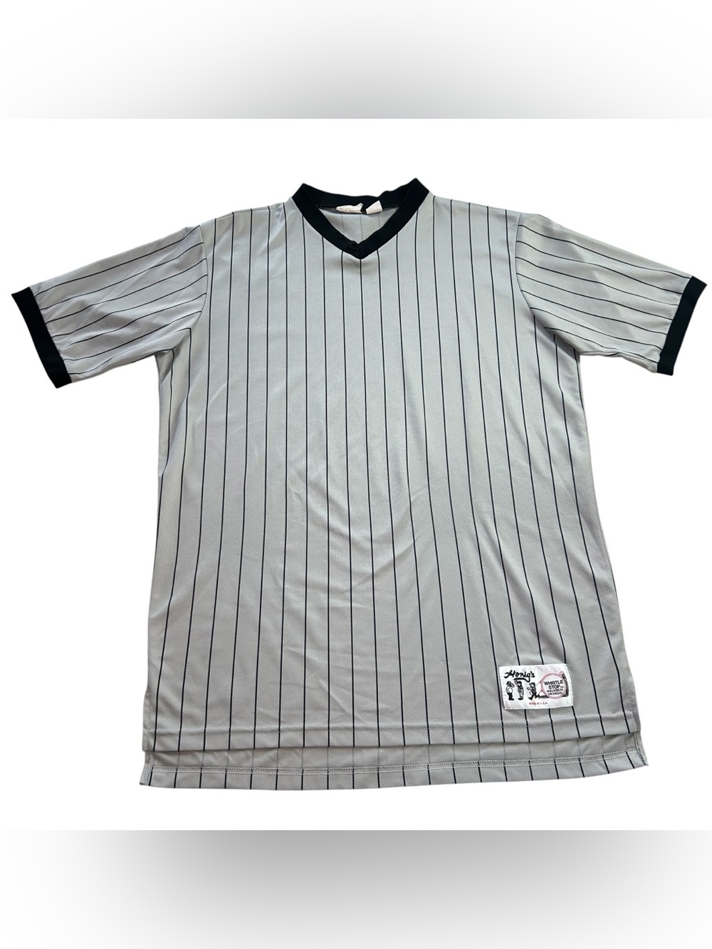 VTG 80s Honig’s Whistle Stop Umpire Jersey Grey Pinstripe Shirt Made in USA XLT